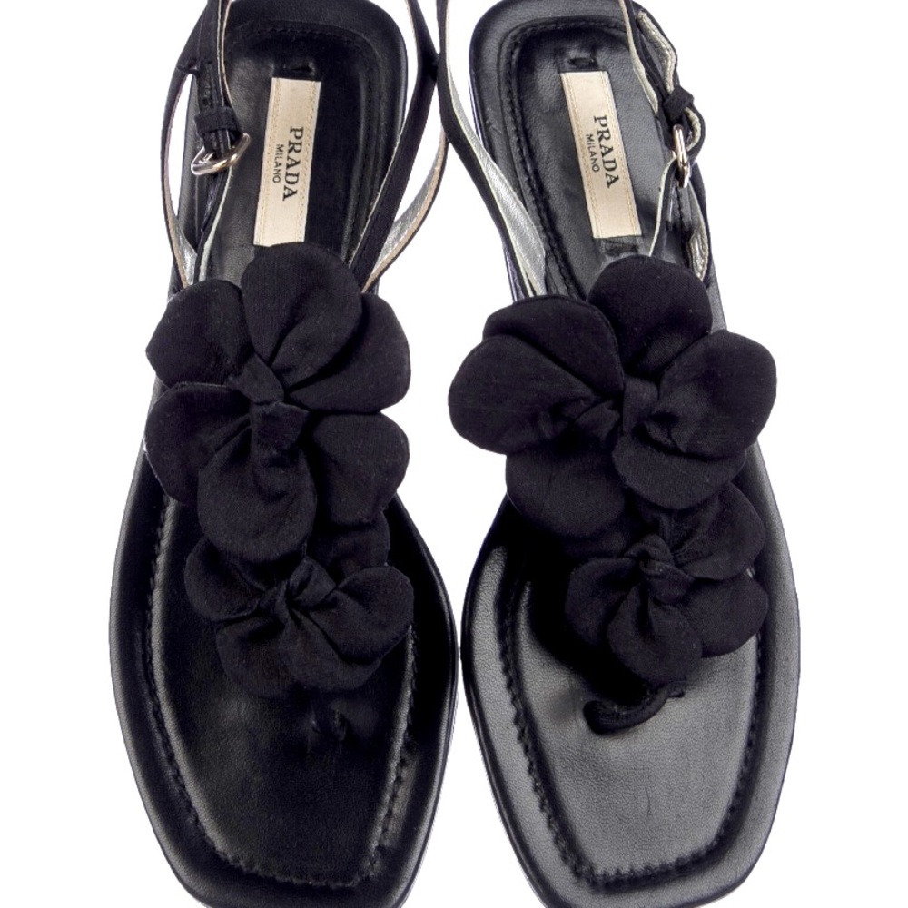 Prada Black Leather Sandals with Black Flowers Size 36.5